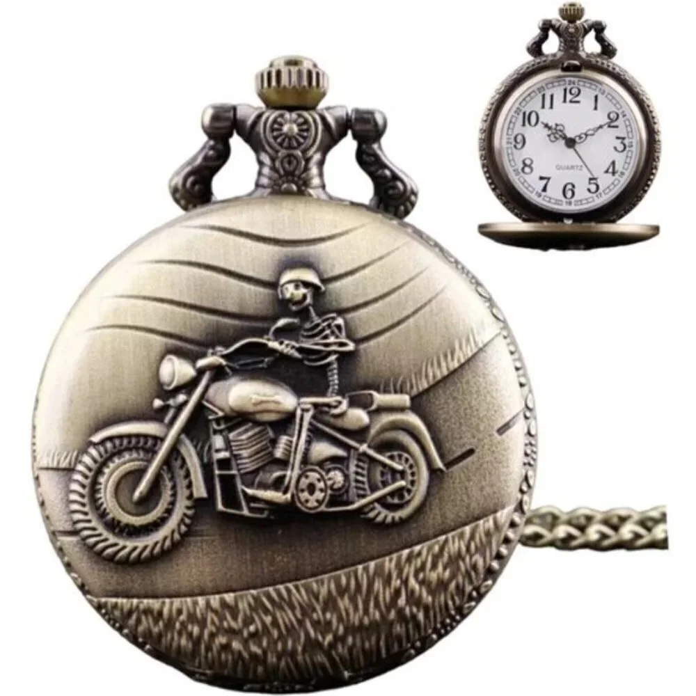 Pocket Watch Motorcycle Skeleton Biker Steampunk Chain Quartz Analog Retro Gift